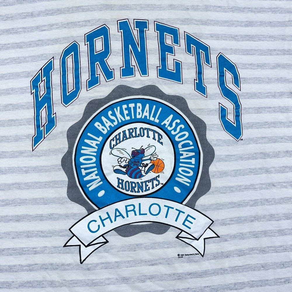 Vintage Charlotte Hornets Shirt Men XL Gray Striped 90s Single Stitch USA NBA - Picture 2 of 12